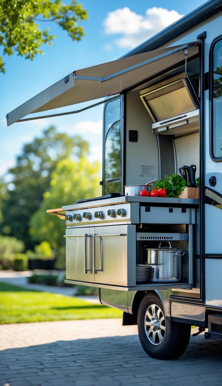 Outdoor kitchen with a pull-out stove and grill extended from an RV, surrounded by cooking utensils and fresh ingredients.