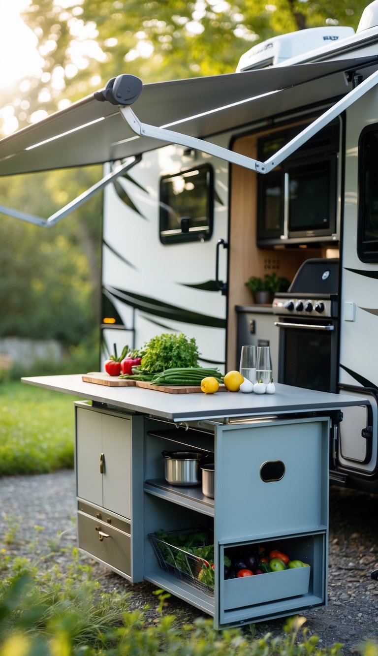 An RV outdoor kitchen with a fold-down prep table extended, showing storage compartments and cooking utensils in a natural outdoor setting.