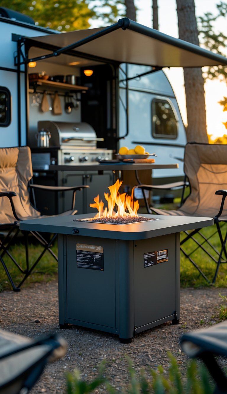 Portable propane fire pit on a table in an outdoor RV kitchen and dining area with camping chairs and an RV in the background.