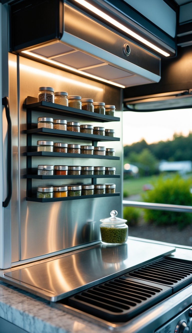 Magnetic spice rack with glass jars mounted on a metallic backsplash in an outdoor RV kitchen.