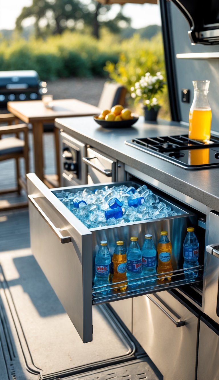 Outdoor RV kitchen with a built-in cooler drawer open, showing drinks inside, next to a dining table in a natural campsite setting.