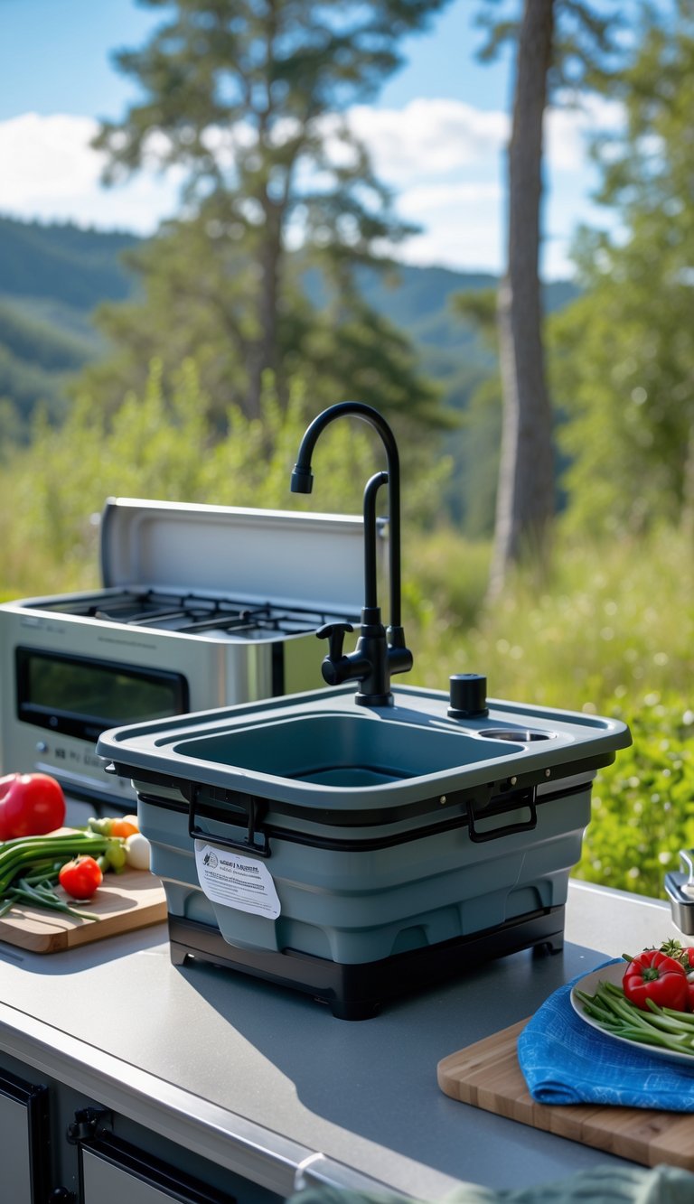 Collapsible outdoor sink with water pump set up on a camping countertop surrounded by trees and cooking utensils.