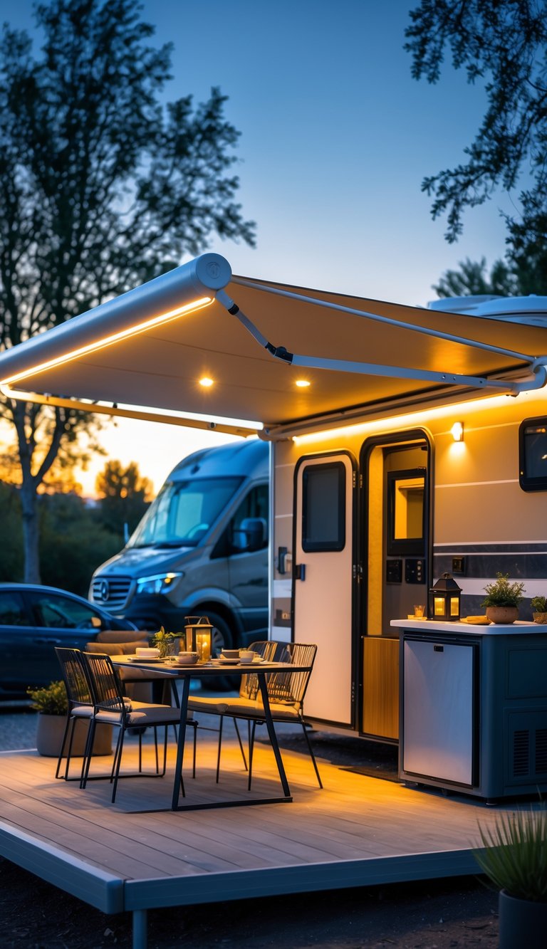 Outdoor RV kitchen and dining area with a retractable awning illuminated by LED lights during early evening.