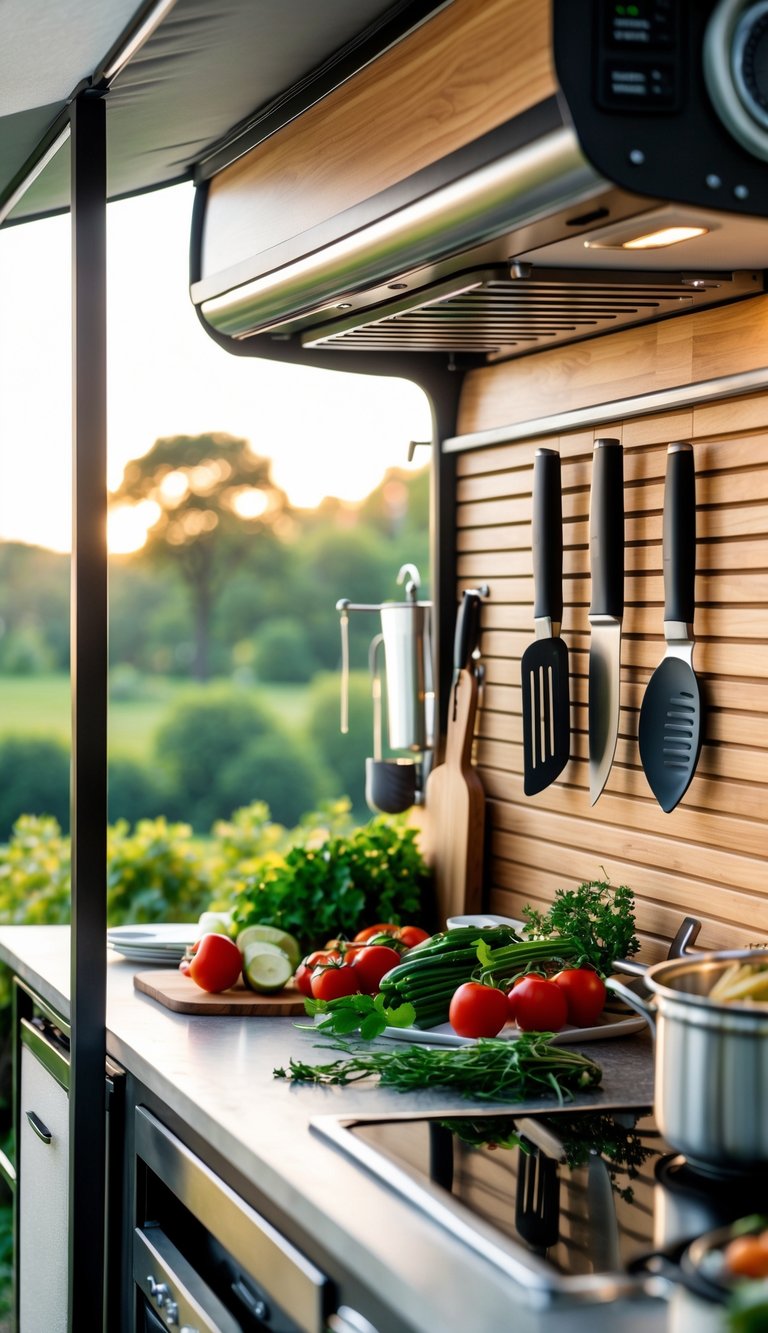 Outdoor RV kitchen with a magnetic knife strip holding knives on a wooden wall, surrounded by cooking utensils and fresh ingredients.