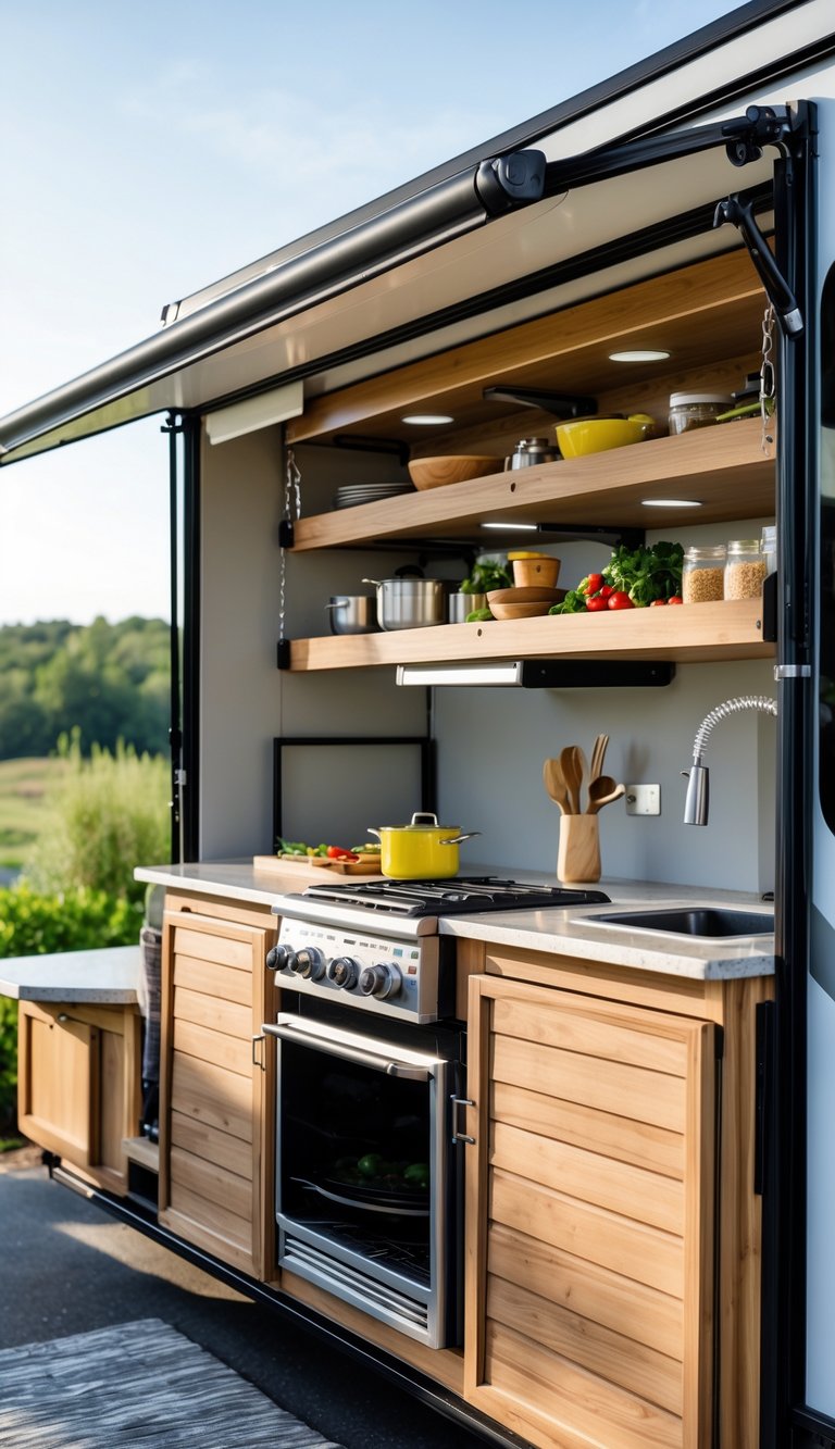 RV outdoor kitchen with slide-out pantry shelves extended, showing cooking supplies and a small dining area outside.