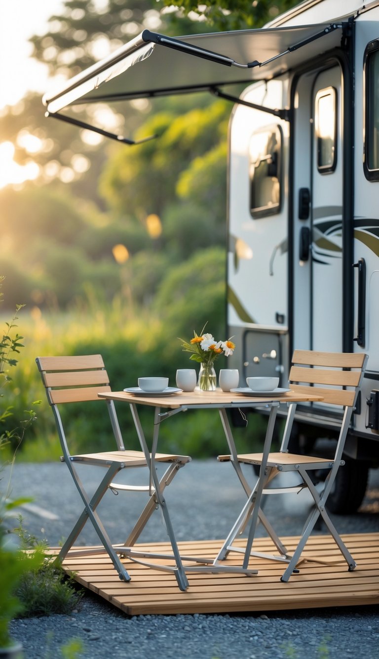 A compact foldable dining set with a small table and chairs set up outdoors next to an RV, surrounded by trees and natural scenery.