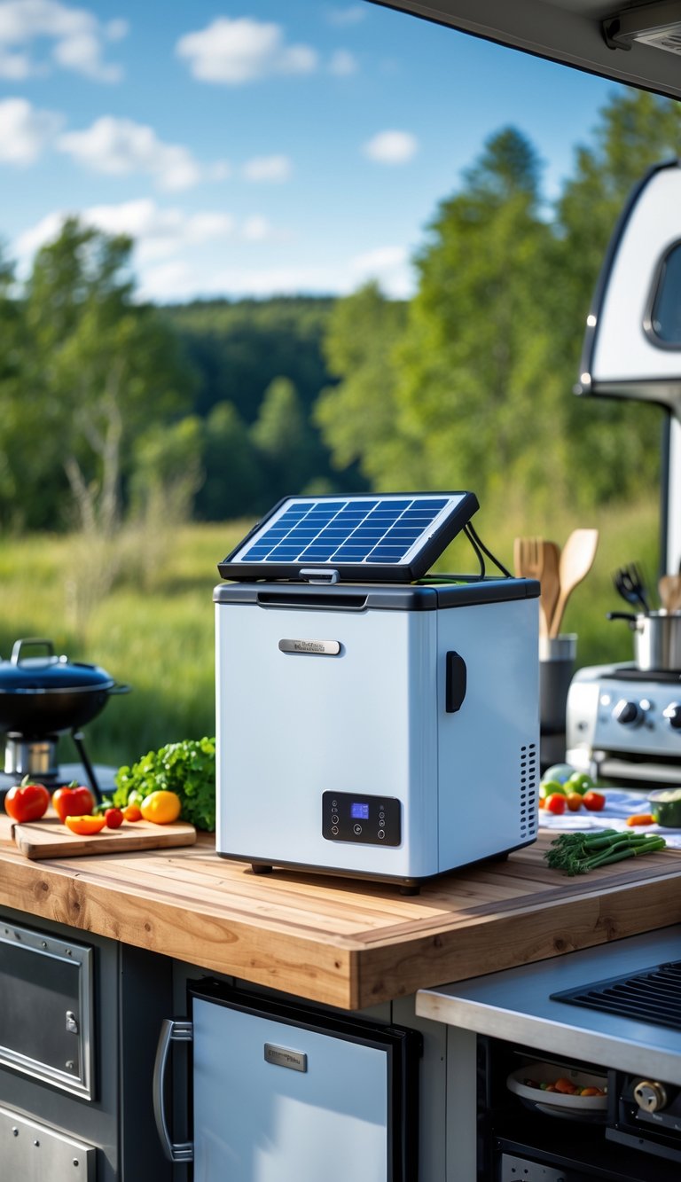 A solar-powered mini fridge on a wooden countertop in an RV outdoor kitchen surrounded by cooking items with trees and blue sky in the background.