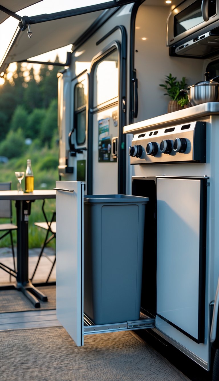 Outdoor kitchen attached to an RV with a pull-out trash bin partially extended, surrounded by dining furniture and natural scenery.