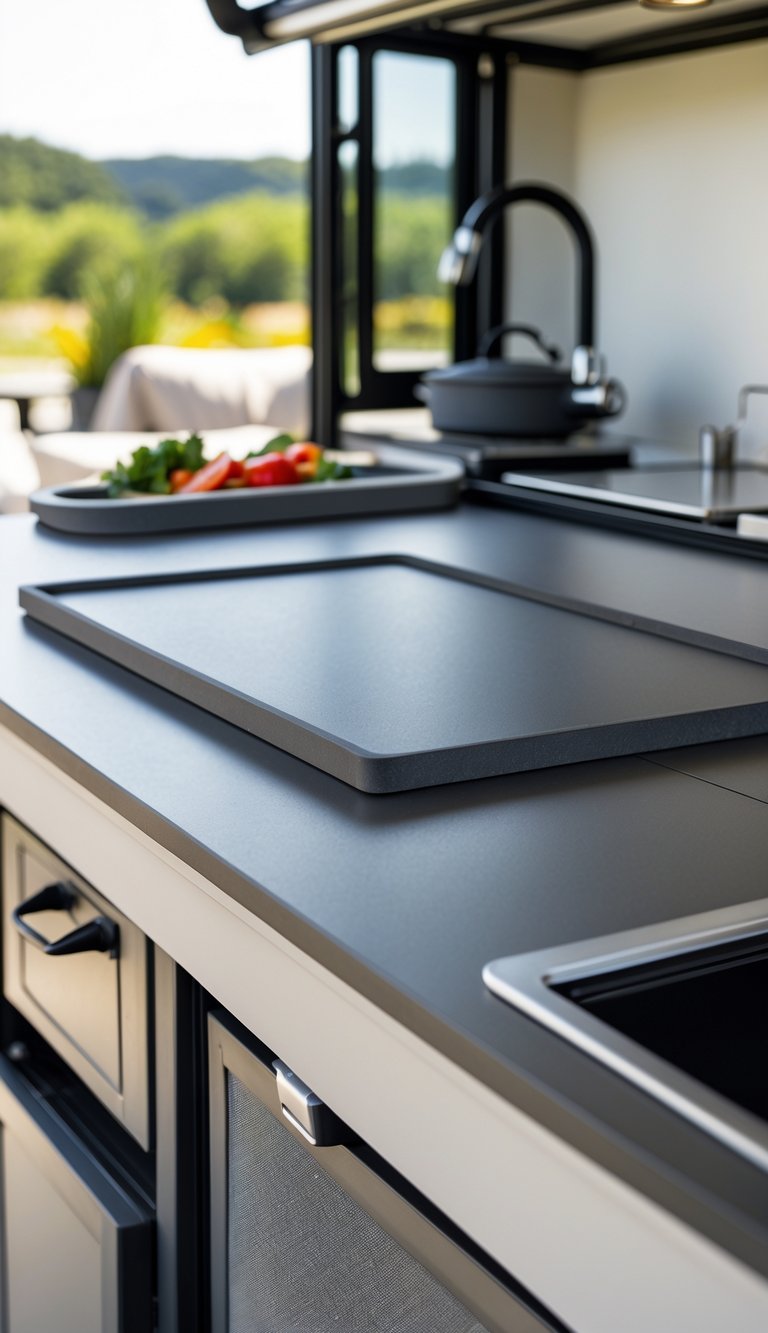 Outdoor RV kitchen countertop with a removable cutting board integrated into the surface, surrounded by cabinets and outdoor scenery.