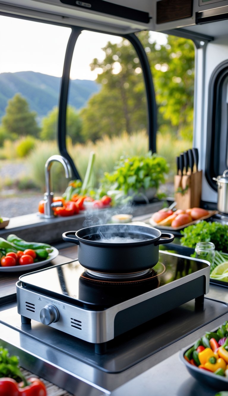 A portable induction cooktop on an outdoor countertop with cooking utensils and fresh vegetables, set against a natural background.