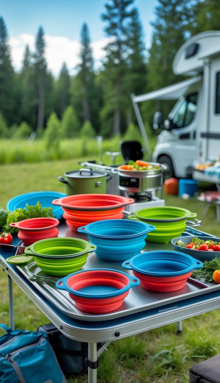 A camping table outdoors with collapsible silicone cookware, cooking utensils, and fresh ingredients, set near an RV in a forested area.