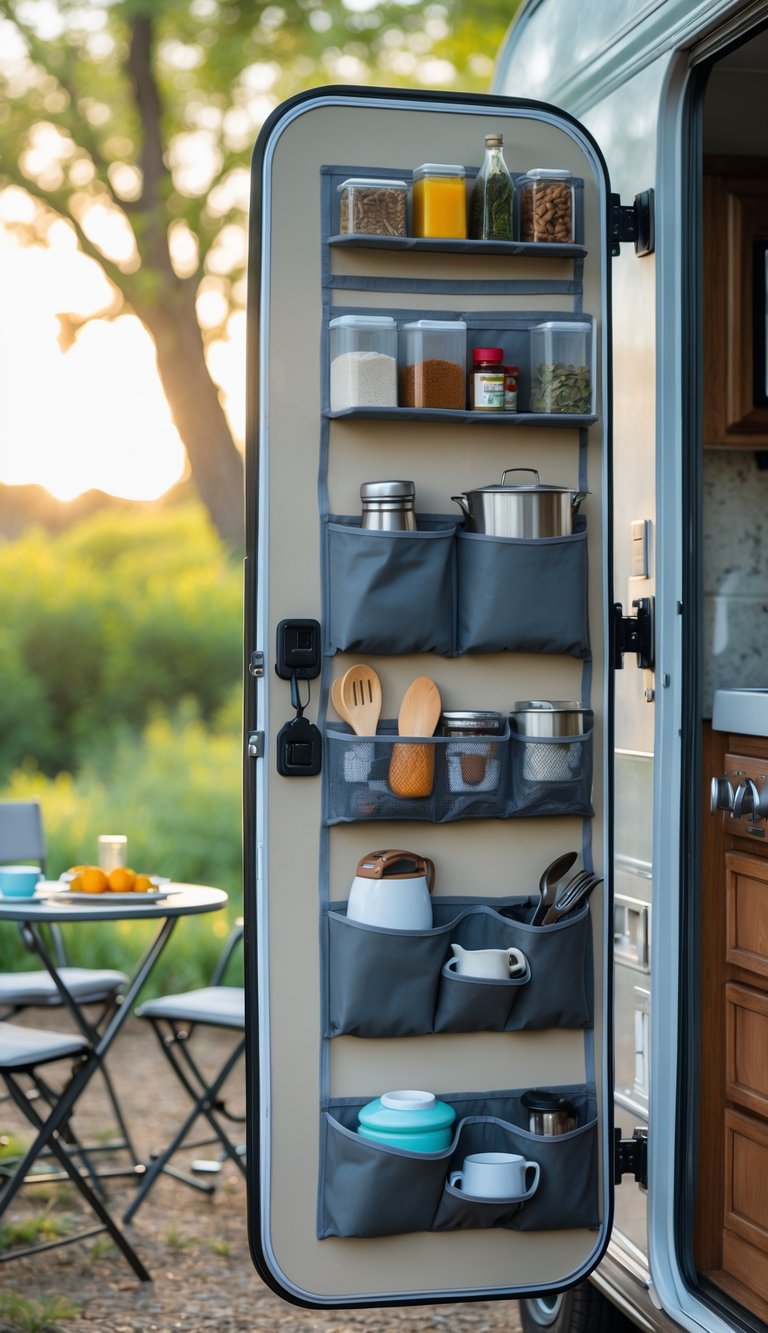 Over-the-door hanging storage on an RV door holding outdoor kitchen items with a nearby outdoor dining setup and greenery in the background.