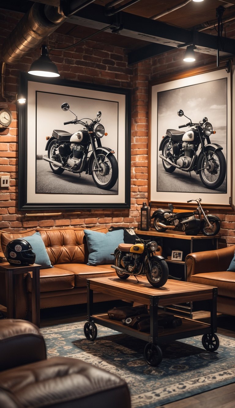 A cozy room with exposed brick walls decorated with framed vintage motorcycle pictures, leather furniture, and motorcycle-themed accessories.