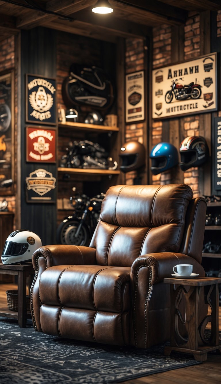 A leather recliner chair in a motorcycle-themed room with vintage motorcycle decor and warm lighting.