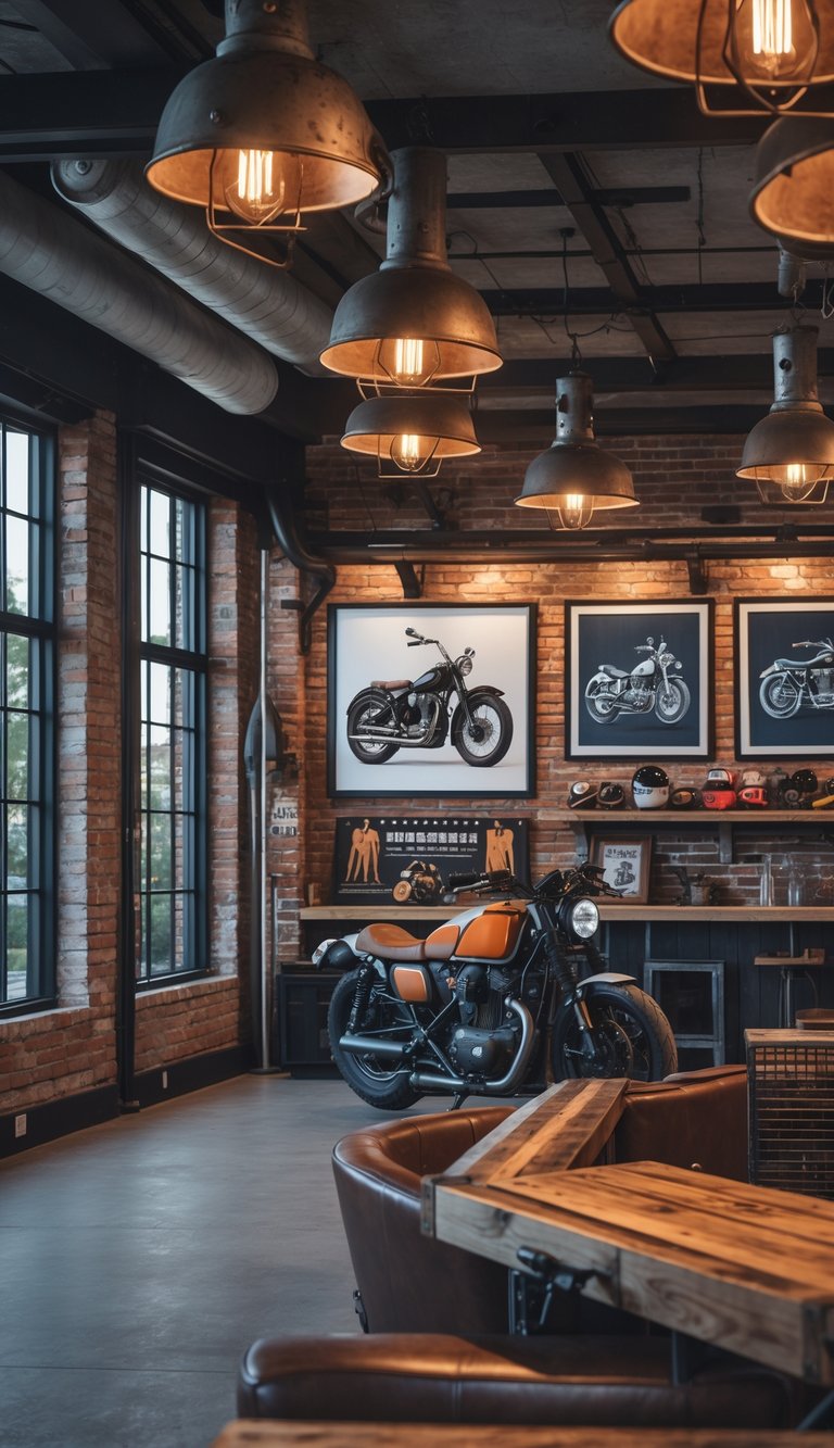 A man cave room with industrial pendant lights, motorcycle-themed decorations, leather seating, and exposed brick walls.