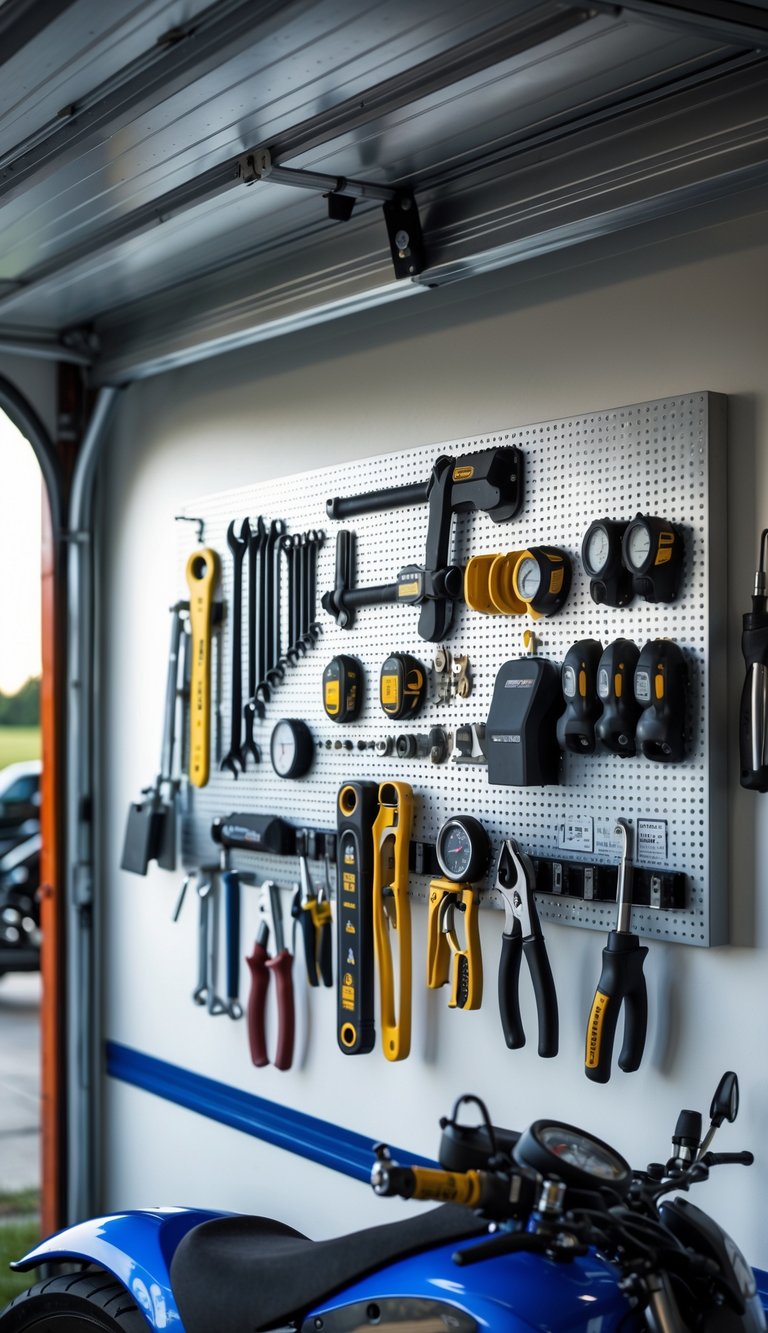 A garage wall rack holding various motorcycle maintenance tools neatly arranged next to a partially visible motorcycle.