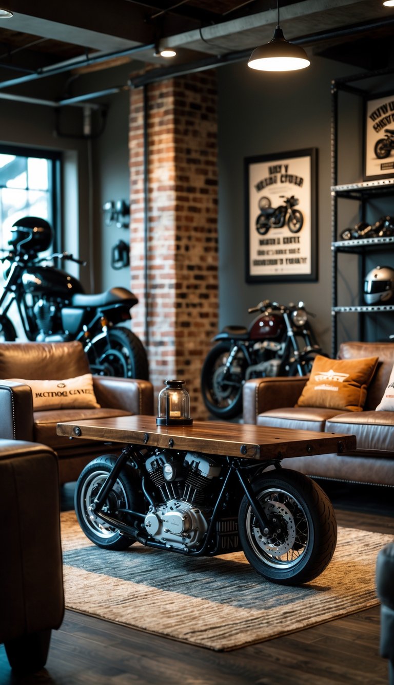 A man cave with a coffee table made from a motorcycle engine surrounded by leather chairs and motorcycle-themed decorations.