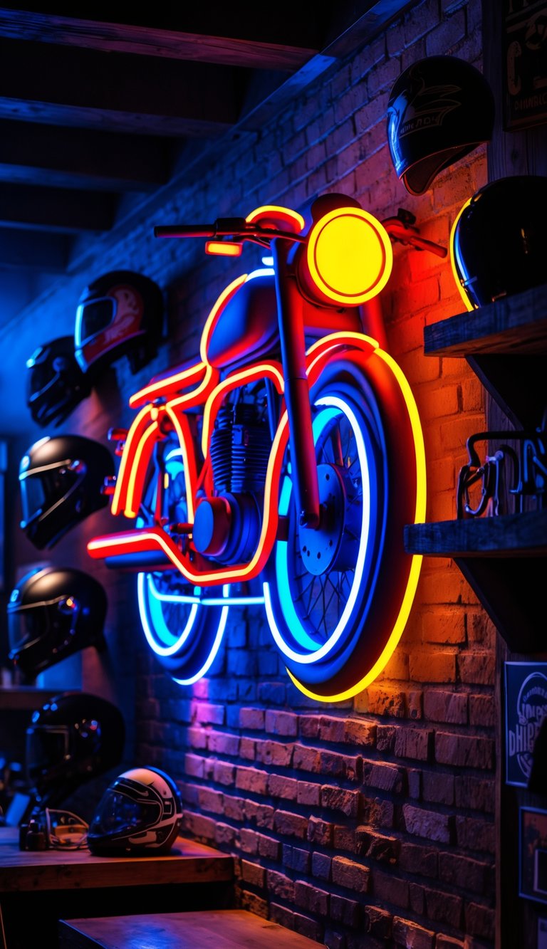 A neon motorcycle sign glowing on a brick wall in a motorcycle-themed room with helmets and metal decor.