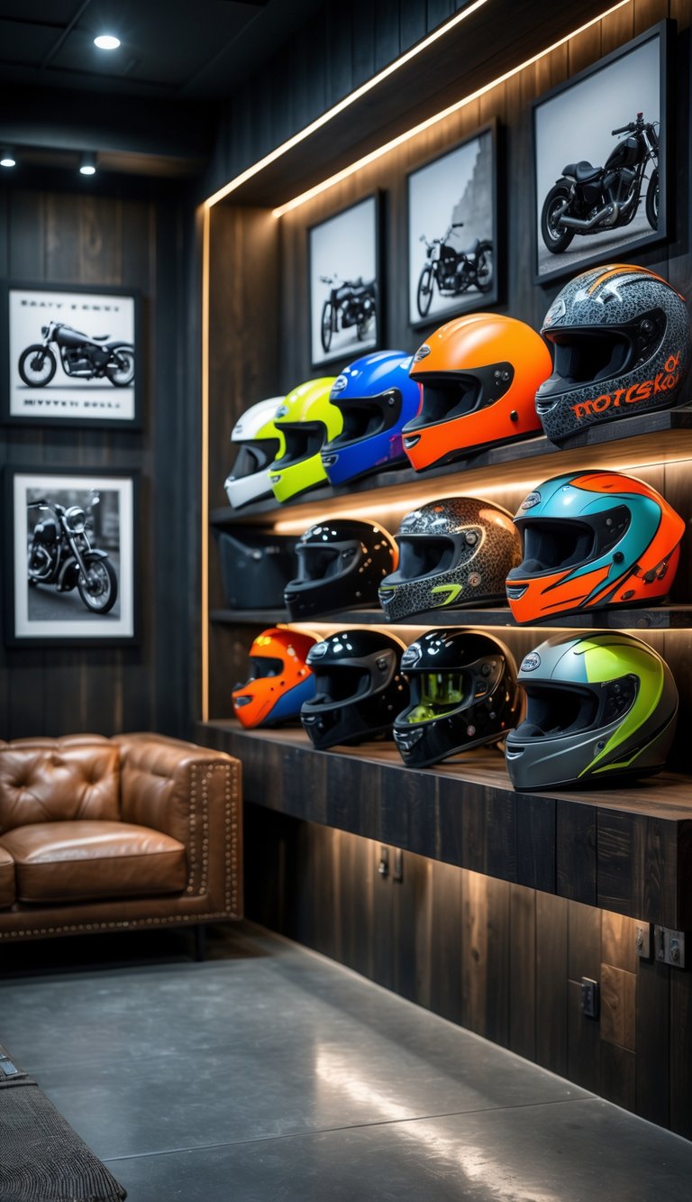 A custom motorcycle helmet display in a man cave with shelves holding various colorful helmets and motorcycle-themed decor.