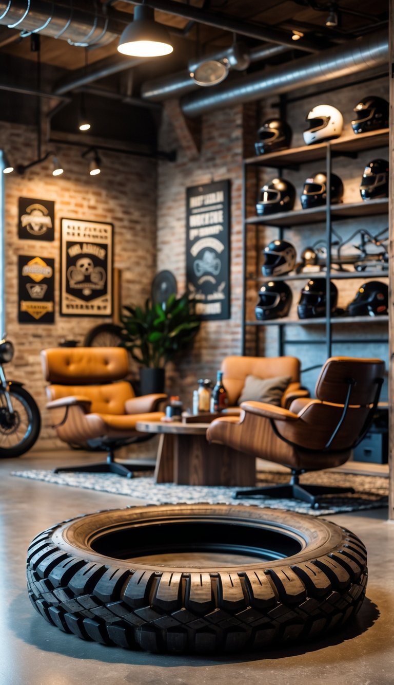 A man cave interior featuring a repurposed motorcycle tire rug on the floor surrounded by leather chairs, motorcycle decor, and industrial-style furnishings.