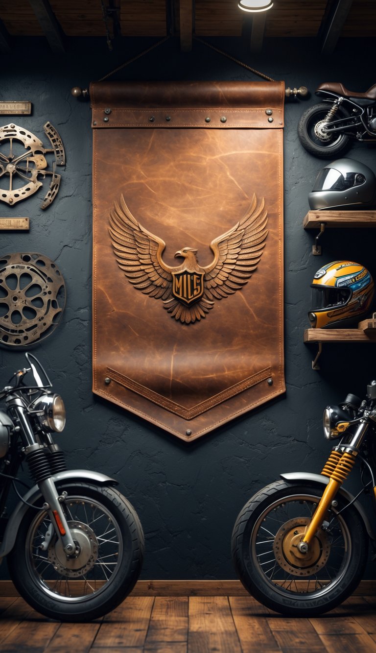 A cozy man cave with a large leather wall banner and motorcycle-themed decorations including helmets and metal wall art.
