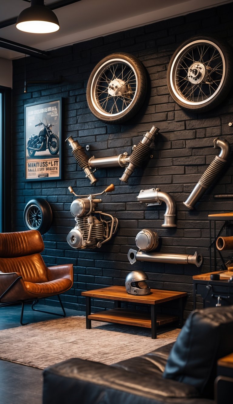 A man cave interior with motorcycle parts mounted on a brick wall, leather seating, and motorcycle-themed decor.