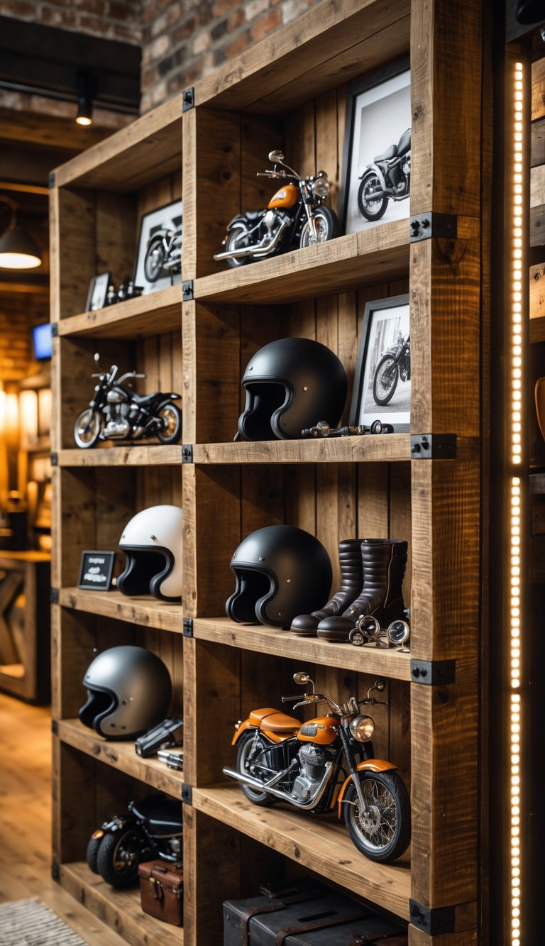 Rustic wooden shelves displaying motorcycle helmets, gloves, tools, and decorative motorcycle items in a cozy interior space.