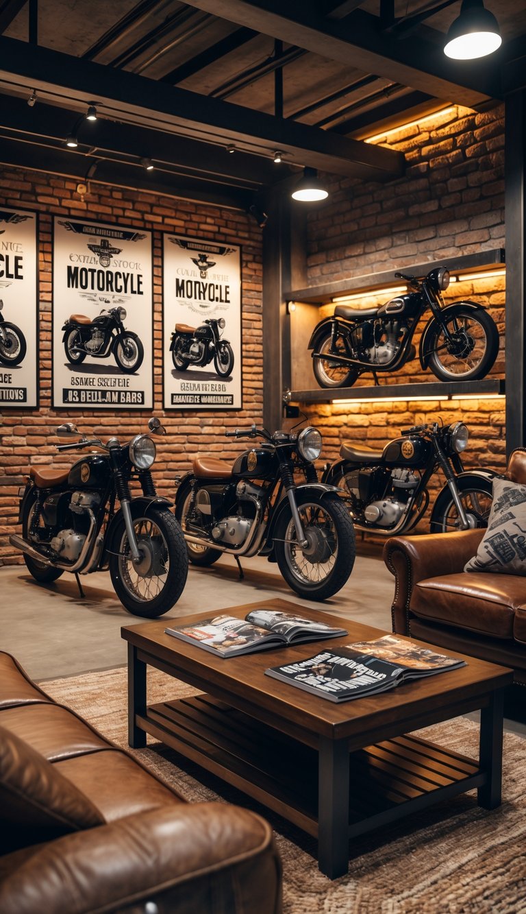 A man cave interior decorated with classic motorcycle posters, vintage motorcycles, leather furniture, and motorcycle accessories.