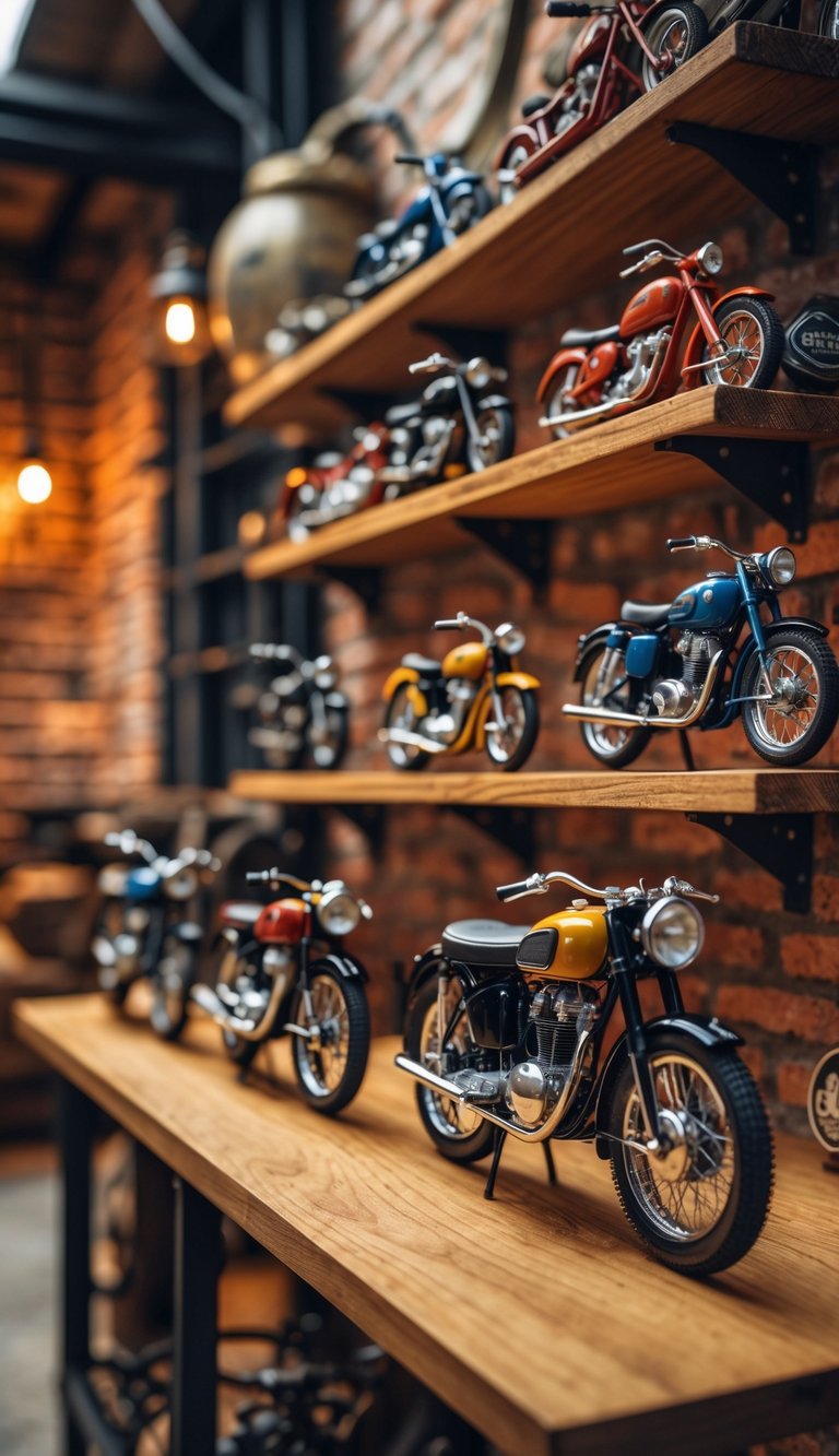 A collection of miniature vintage motorbikes displayed on wooden shelves in a man cave with brick walls and warm lighting.
