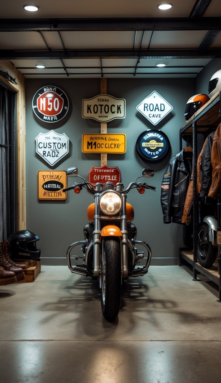 A motorcycle displayed in a decorated garage with custom road signs on the walls and motorcycle gear around.