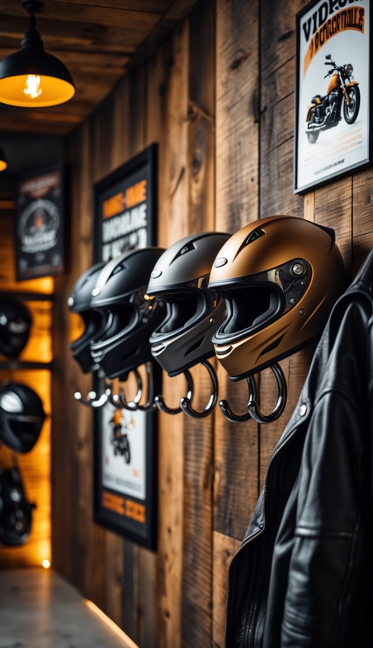 A man cave interior with biker helmet coat hooks mounted on a wooden wall, holding motorcycle helmets and surrounded by motorcycle-themed decor.