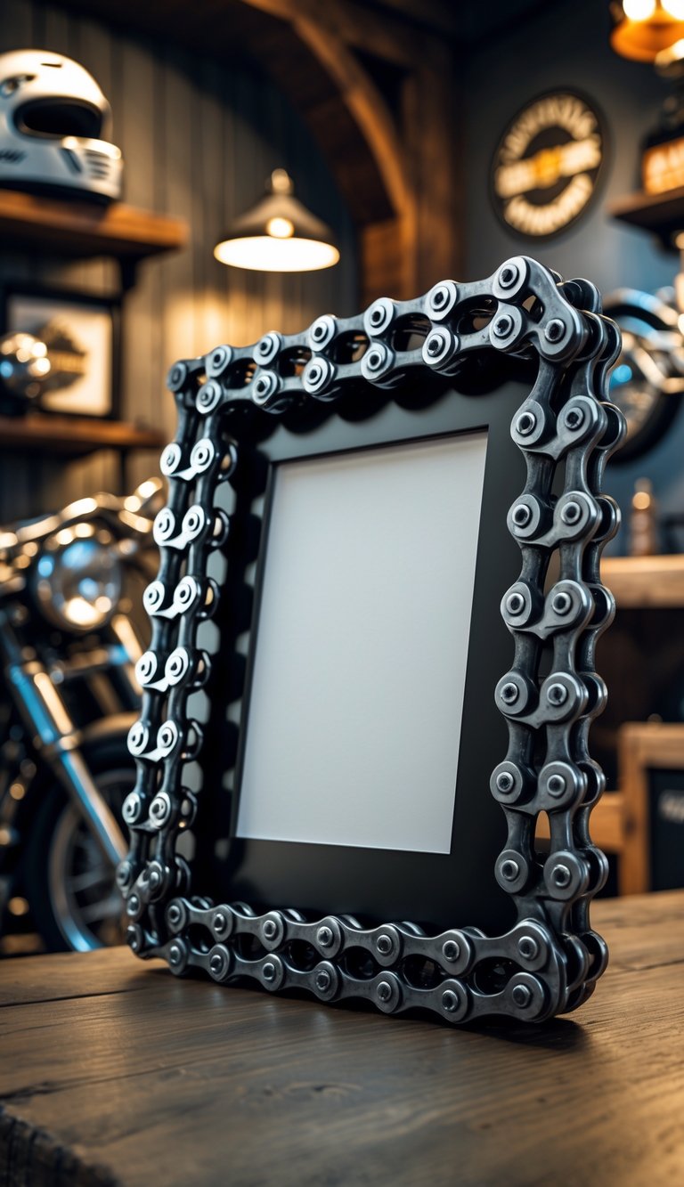 A motorcycle chain picture frame displayed in a man cave with motorcycle memorabilia and warm lighting.