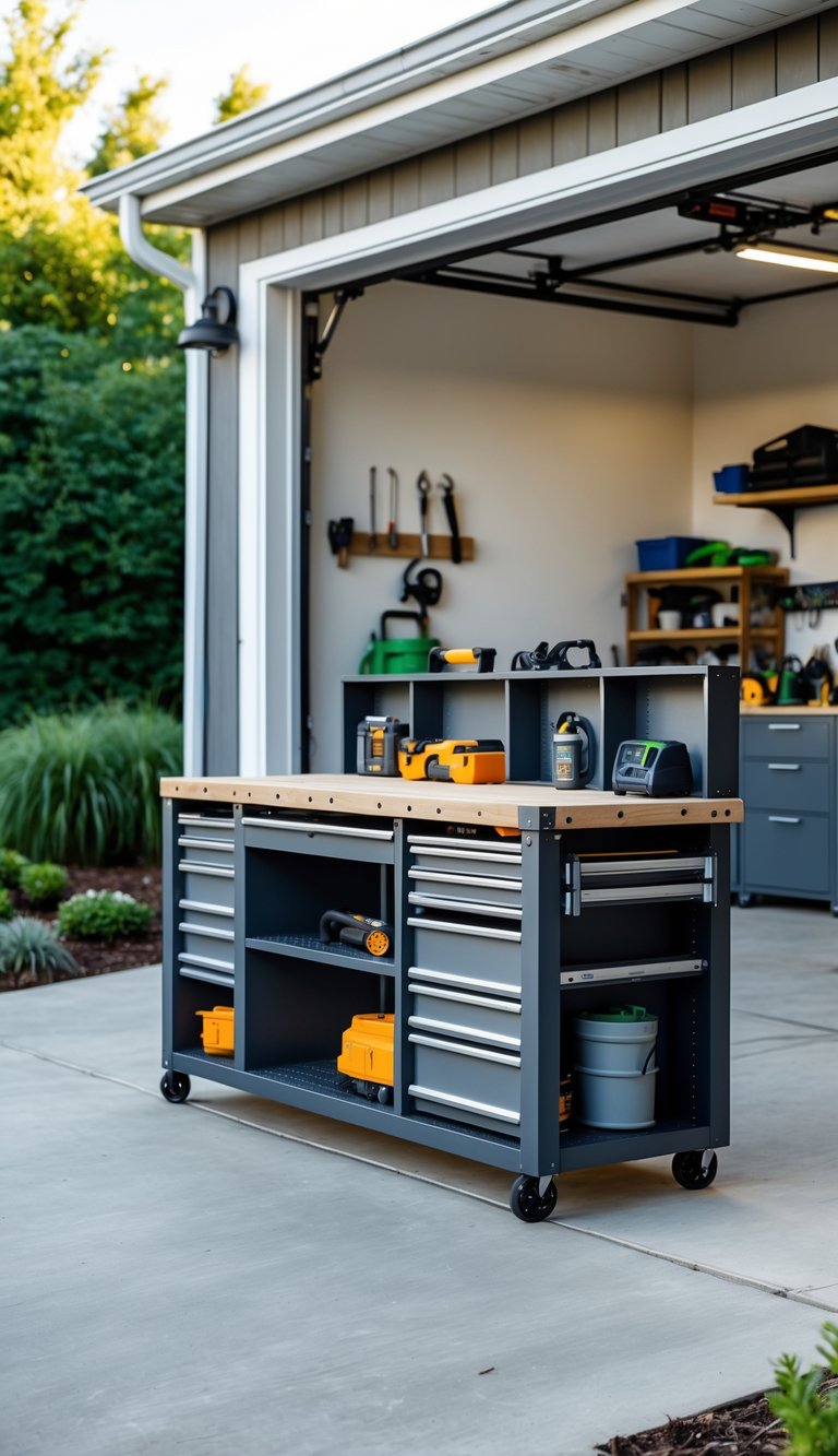 An outdoor garage workspace with a weatherproof workbench that has built-in storage compartments and tools organized neatly.