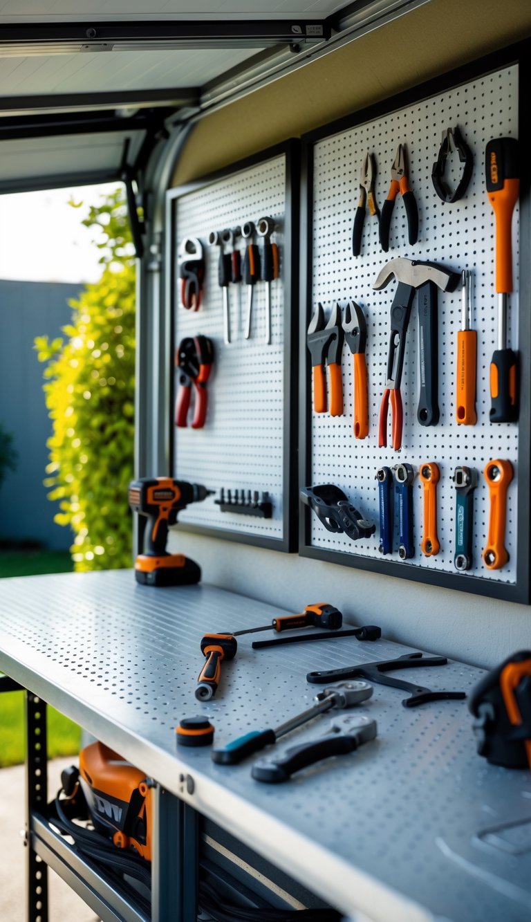 An outdoor garage workspace with pegboards holding various tools above a workbench.