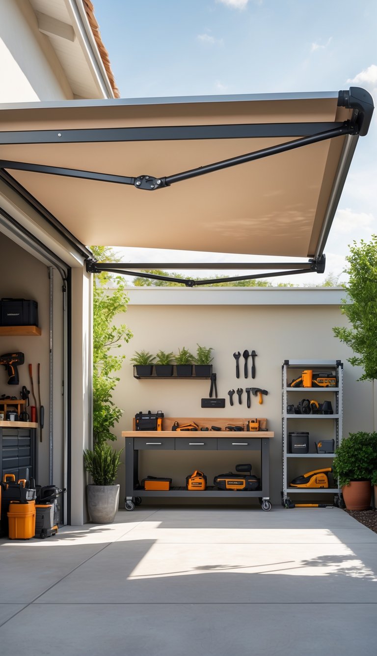 Outdoor garage workspace with a retractable awning providing shade over a workbench and tools.
