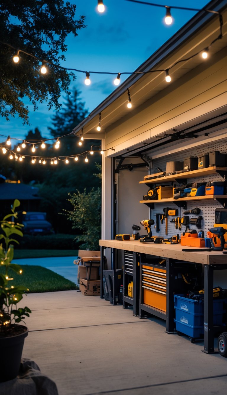 An outdoor garage workspace with a workbench, tools, shelves, and string lights glowing in the evening.