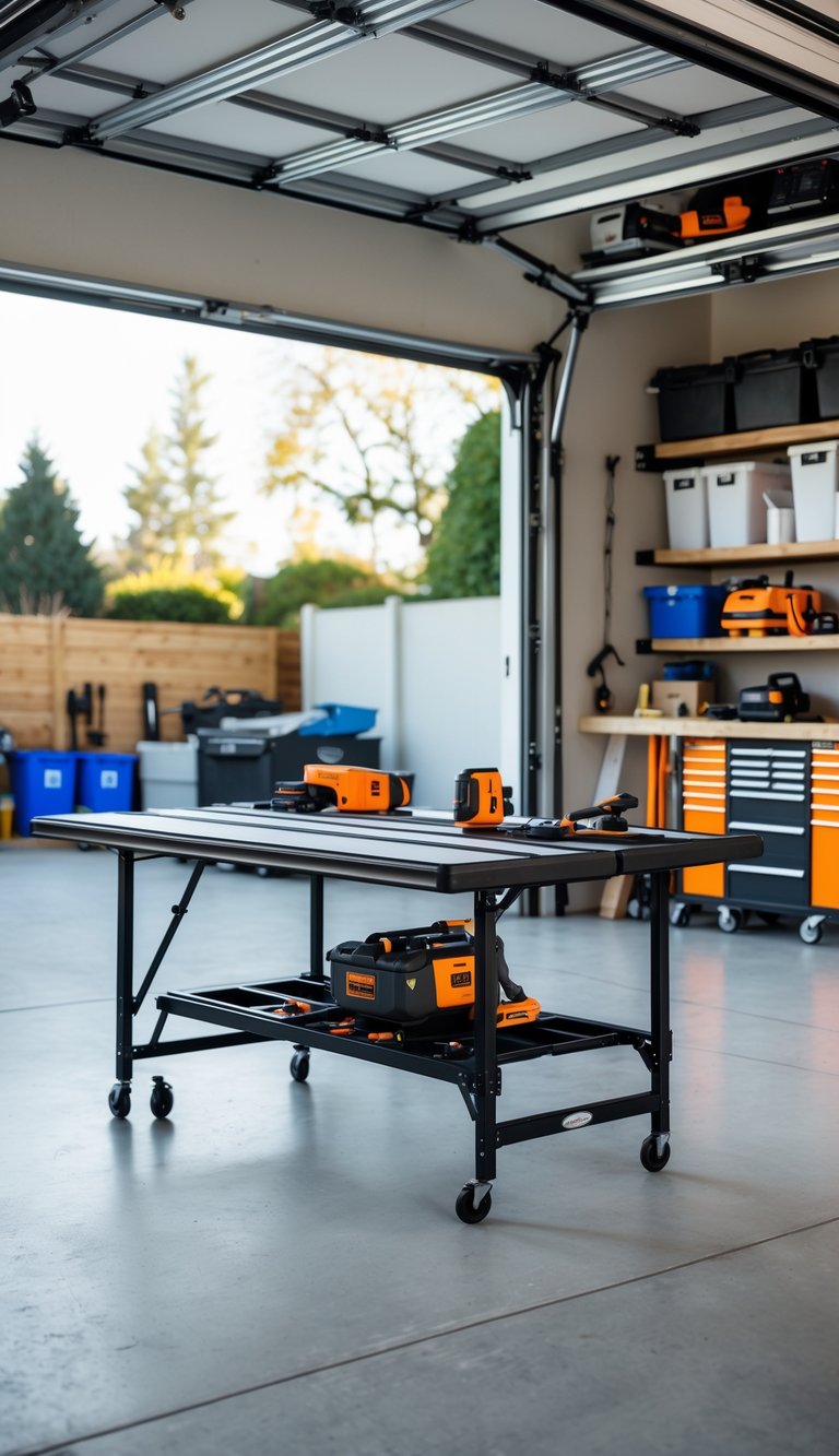 A clean garage workspace with foldable tables arranged for projects and shelves with tools and storage bins.