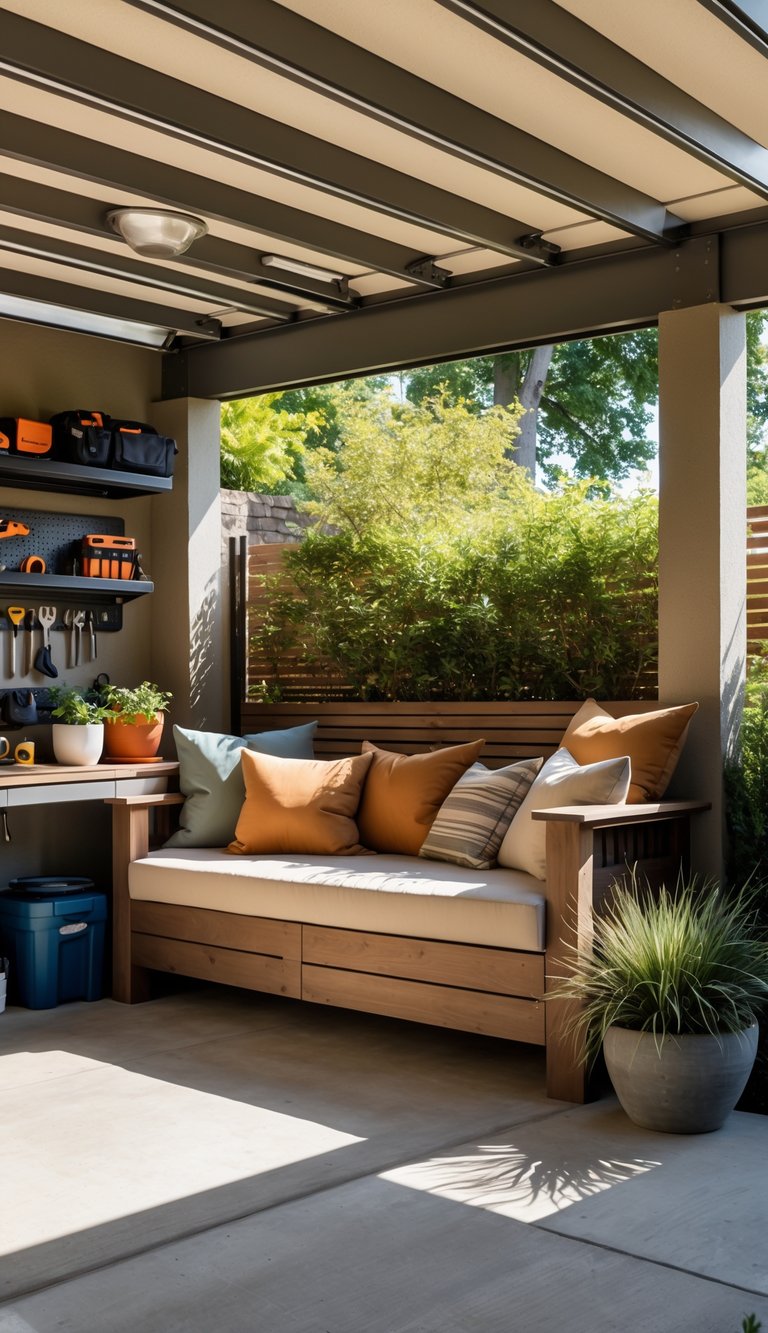 A shaded outdoor seating nook with a wooden bench and cushions next to a garage workspace with tools and plants.
