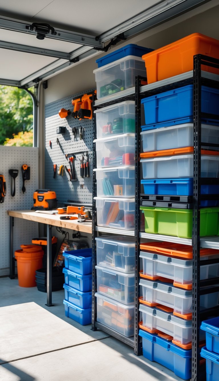 An organized garage workspace with stackable plastic bins storing supplies on shelves and a workbench with tools.