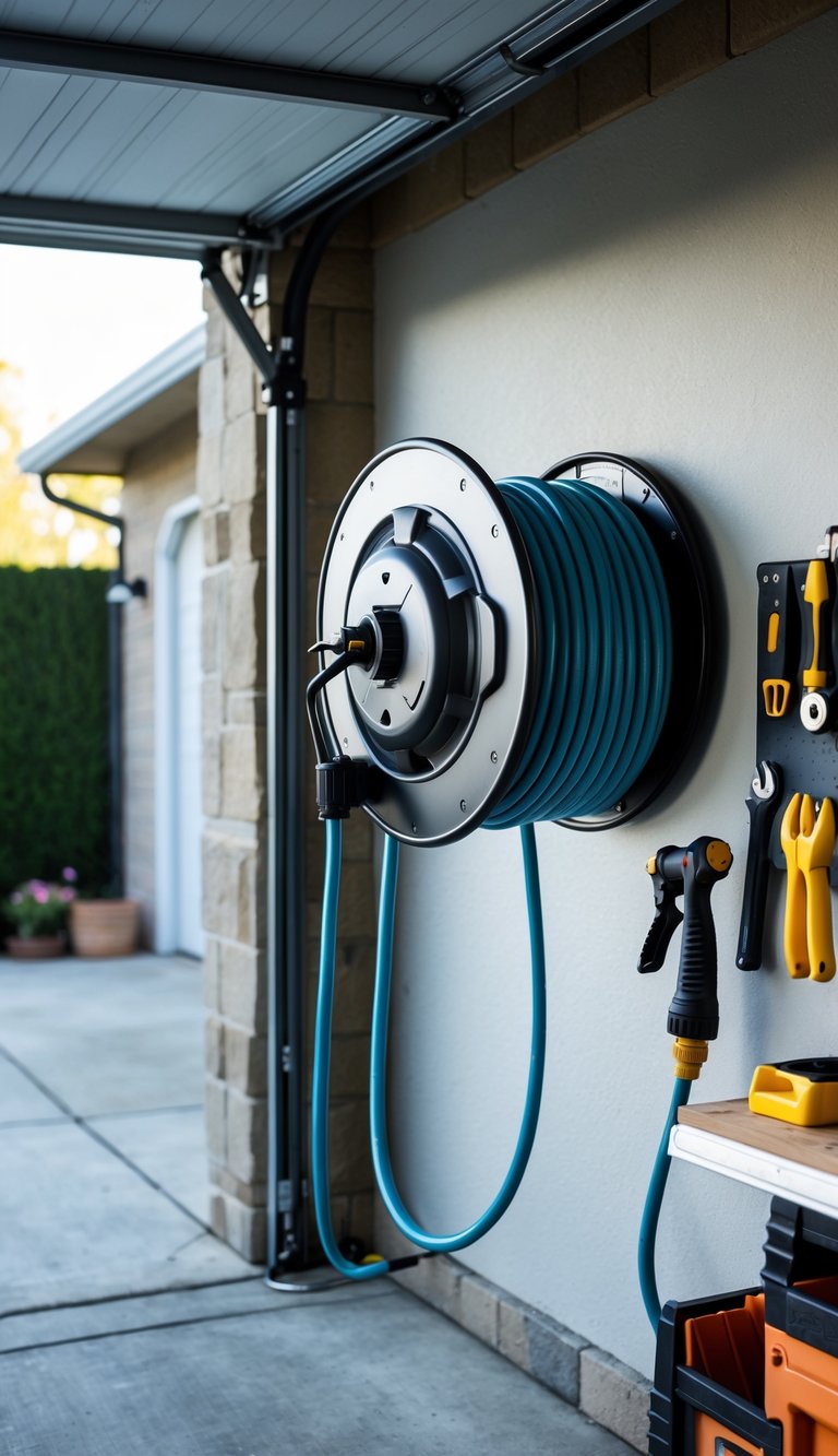 A wall-mounted hose reel installed on the exterior wall of a garage next to a workbench with tools.