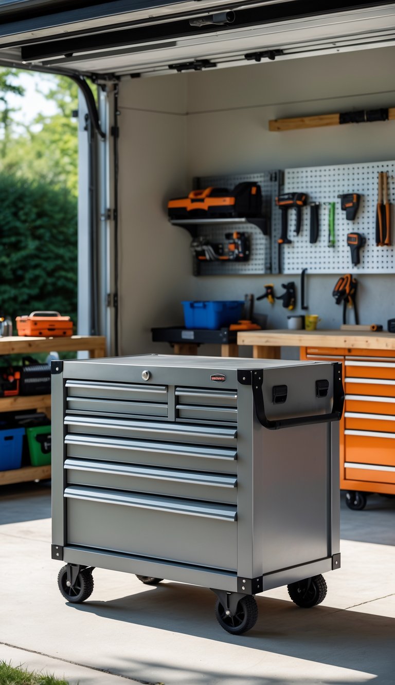 A sturdy outdoor tool chest with wheels in a well-organized garage workspace with tools and storage shelves.