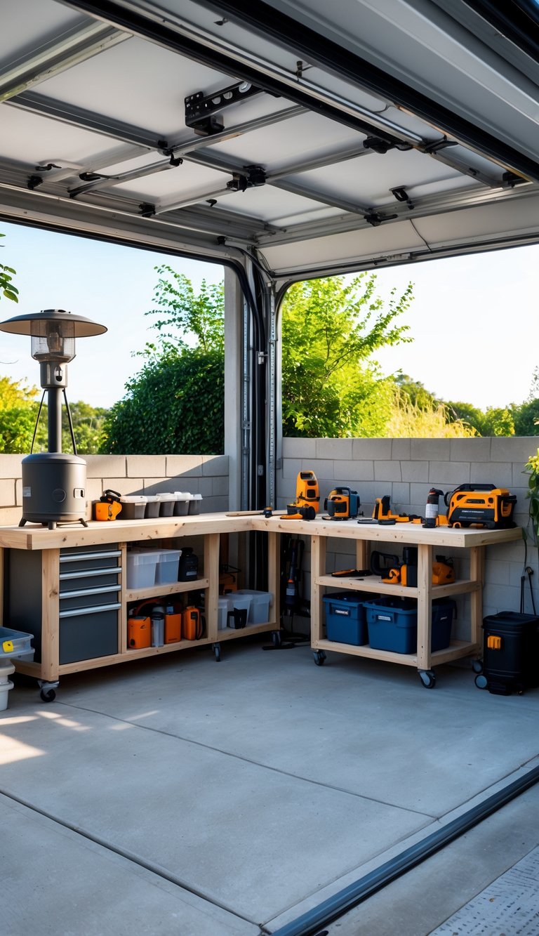 Outdoor garage workspace with a workbench, tools, storage shelves, and a small outdoor heater.