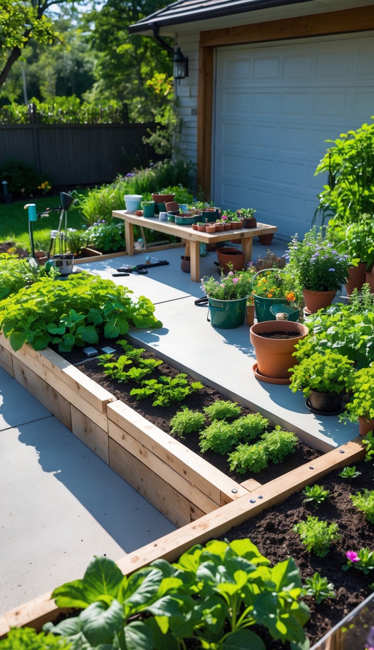 Outdoor workspace next to a garage with raised garden beds filled with plants along the edges.