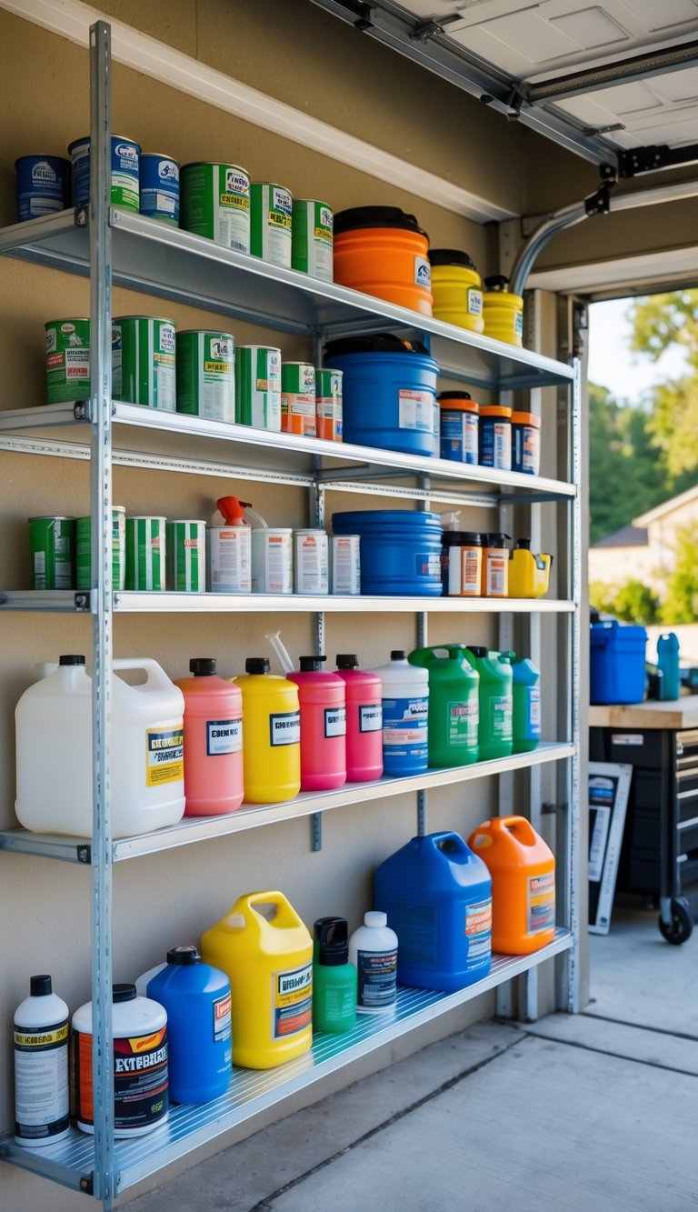 Garage workspace with waterproof shelves holding paint cans and chemical containers on the wall.