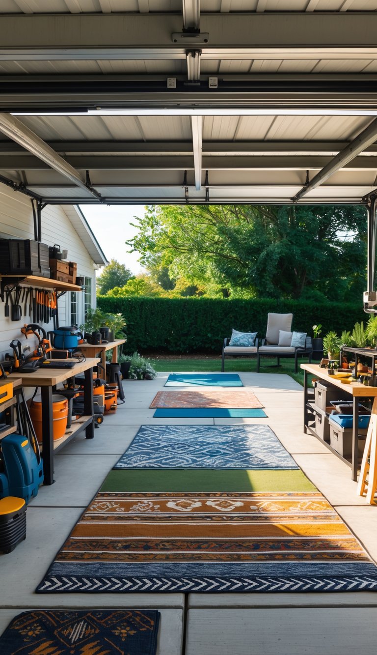 An outdoor garage workspace with multiple work zones defined by outdoor rugs, including workbenches, tools, and storage areas.