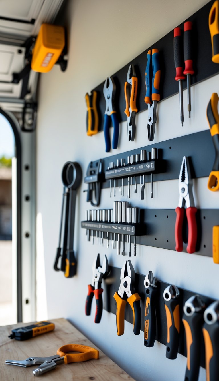 A garage workspace with magnetic strips on the wall holding various tools above a wooden workbench.
