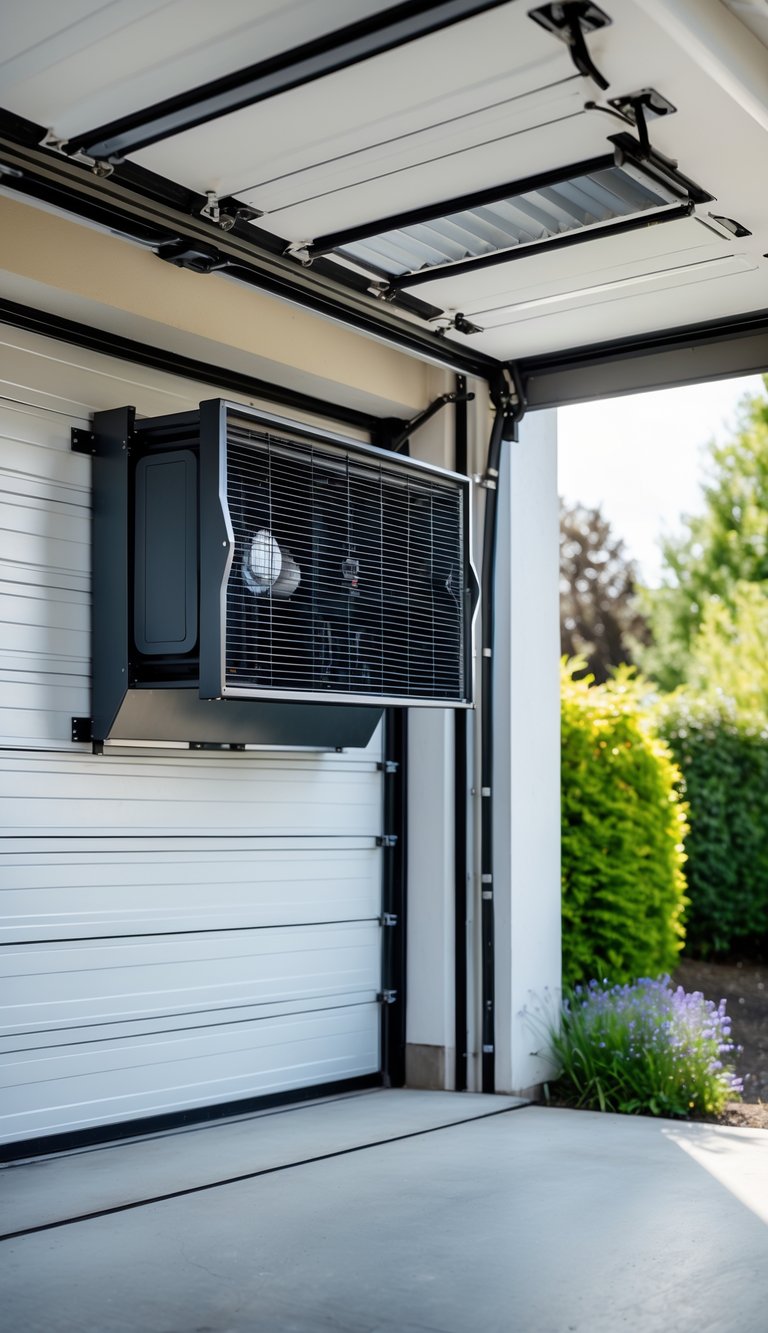 Outdoor garage workspace with a fold-down ventilation fan open on the wall and a workbench with tools.