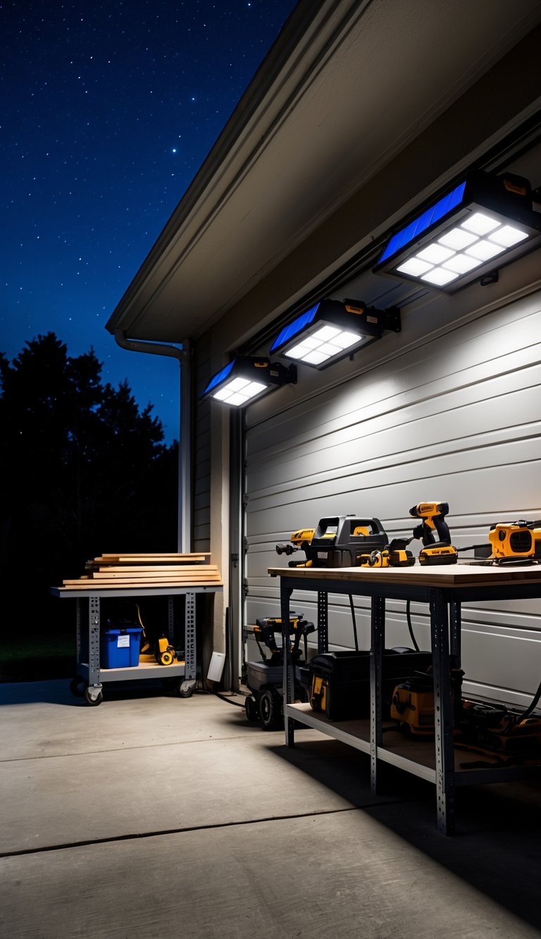 Outdoor garage workspace at night lit by solar-powered floodlights with tools and workbenches visible.