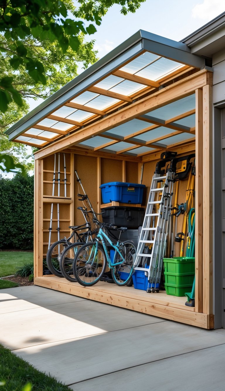 Lean-to storage area attached to a garage holding large outdoor tools and equipment with a clean and organized outdoor workspace.