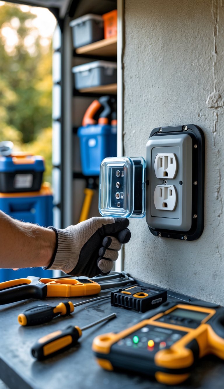 Hands installing a waterproof electrical outlet with a cover on an exterior garage wall surrounded by tools and organized shelves.